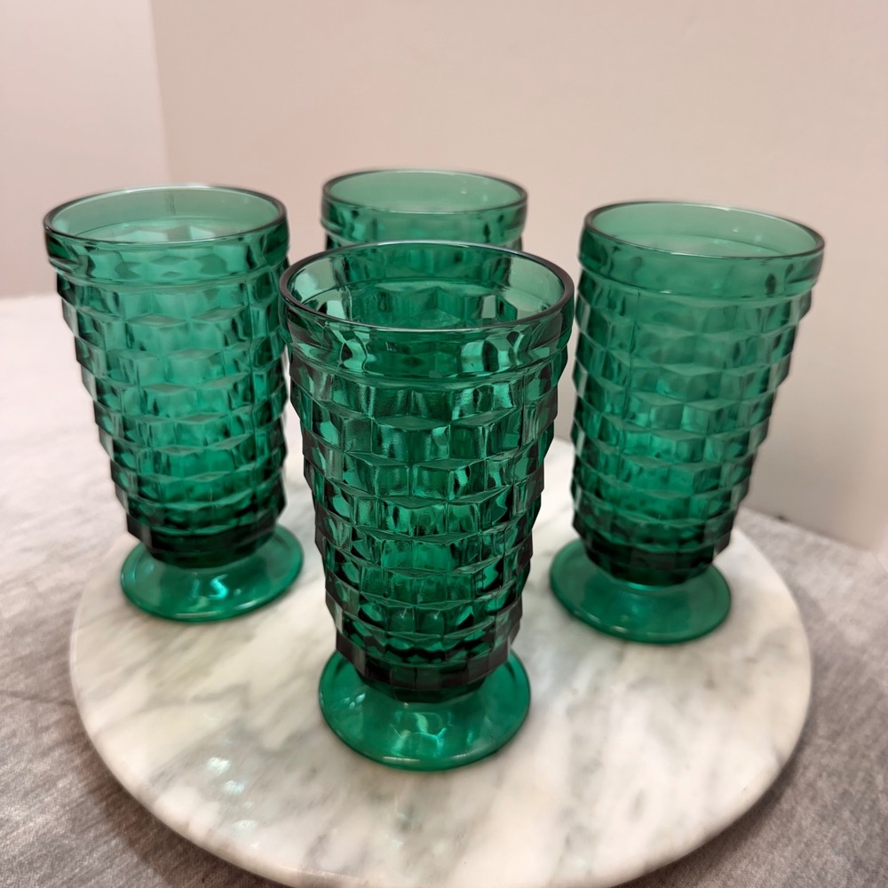 Set of 4 Vintage Indiana Whitehall Colony Cubist Teal 6" Tea Footed Glasses